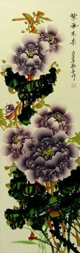 Purple Peony Flower Oriental Wall Scroll close up view