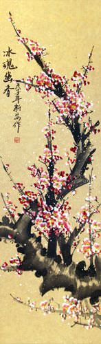 Pink Chinese Plum Blossom Wall Scroll close up view