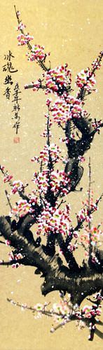 Pink Plum Blossom Chinese Scroll close up view