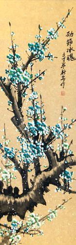 Colorful Aqua-Blue Plum Blossom Wall Scroll close up view