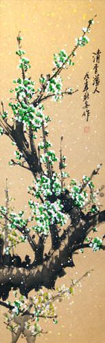 Green Plum Blossoms - Chinese Scroll close up view