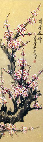 Pink Plum Blossom Asian Scroll close up view