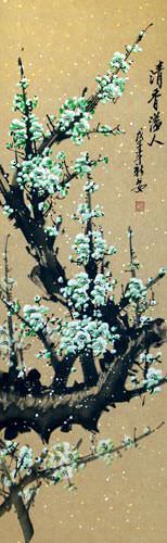 Green Plum Blossom Wall Scroll close up view