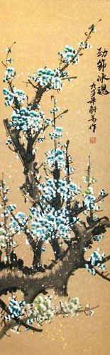 Colorful Blue Plum Blossom Wall Scroll close up view