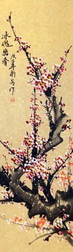 Pink Plum Blossoms Wall Scroll close up view