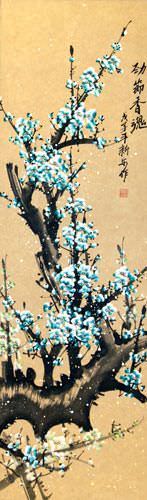 Crystal-Blue Plum Blossom Wall Scroll close up view