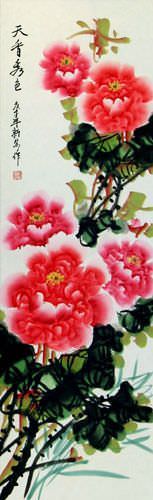 Heavenly Fragrance and Beauty - Peony Flower Wall Scroll close up view