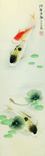 Japanese Koi Fish and Lotus Wall Scroll close up view