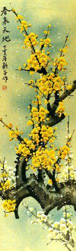 Colorful Golden-Yellow Plum Blossom Wall Scroll close up view