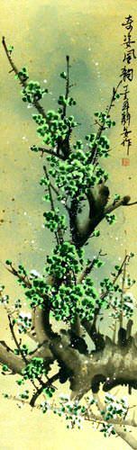 Strange Beauty Fragrant Wind - Green Plum Blossom Wall Scroll close up view