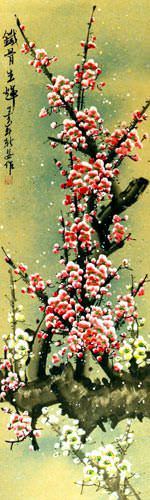 Colorful Pink and White Plum Blossom Wall Scroll close up view