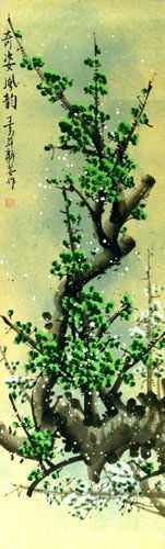 Poetic Green Plum Blossom Wall Scroll close up view