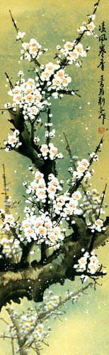 White Plum Blossom Wall Scroll close up view