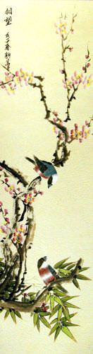 Thinking of the Future - Bird and Flower Wall Scroll close up view