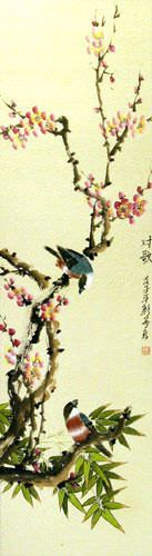 The Song of the Couple - Bird and Flower Wall Scroll close up view