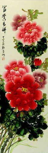 Long Red and Pink Peony Flower Wall Scroll close up view