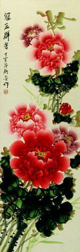 Peony Flower Colorful Wall Scroll close up view