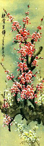 Pink and White Plum Blossom Wall Scroll close up view