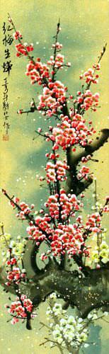 Pink Plum Blossom Wall Scroll close up view