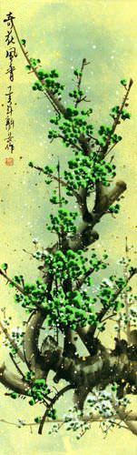 Chinese Green Plum Blossoms Wall Scroll close up view