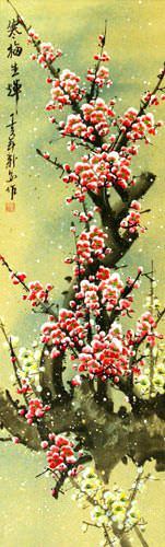 Colorful Pink Plum Blossom Wall Scroll close up view