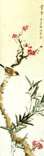 Enjoy the Beauty of Spring - Bird and Flower Wall Scroll close up view