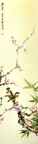 Enjoy the Beauty of Spring - Bird and Flower Silk Wall Scroll close up view