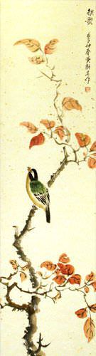 Song of Autumn - Bird and Flower Wall Scroll close up view