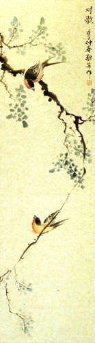 The Song of the Couple - Bird and Flower Wall Scroll close up view