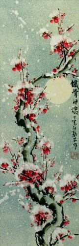 Blooming Chinese Snow Plum Blossoms Wall Scroll close up view