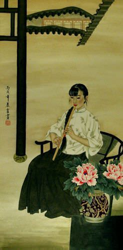 Flute-Playing Woman Wall Scroll close up view