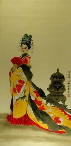 Noble Lady by Incense Burner - Large Wall Scroll close up view