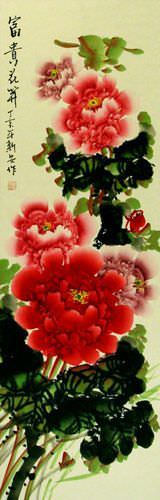 Colorful Peony Flower Wall Scroll close up view