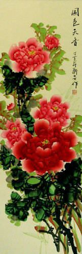 Red and Pink Peony Flower Wall Scroll close up view