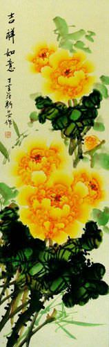 Chinese Yellow Peony Flower Wall Scroll close up view