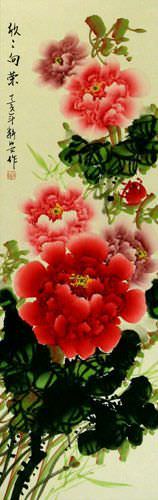 Prosperous Red and Pink Peony Flower - Silk Wall Scroll close up view