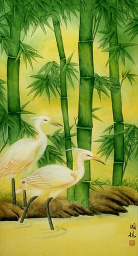 Chinese Egrets and Green Bamboo Wall Scroll close up view