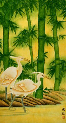 Large Egrets and Green Bamboo Wall Scroll close up view