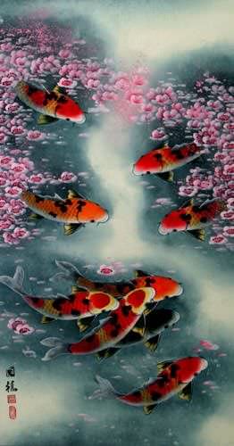 Koi Fish Plum Blossom Wall Scroll close up view