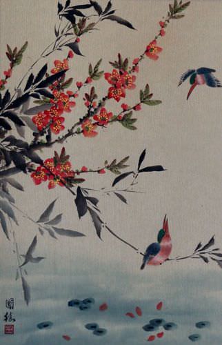 Bird and Flower Wall Scroll close up view