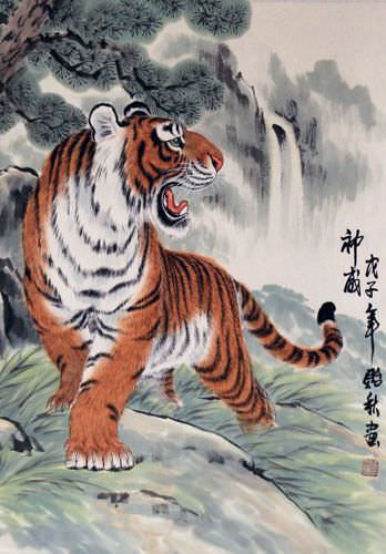 Chinese Tiger Wall Scroll close up view