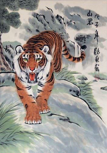 Chinese Tiger Wall Scroll close up view