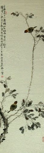 Birds and Persimmon Branch Wall Scroll close up view
