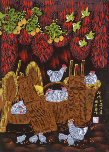 Autumn Feeling - Chickens Folk Art Painting
