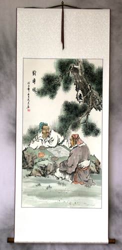 Chinese Men Playing Weiqi Chess Wall Scroll