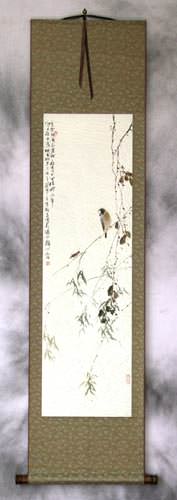 Bird and Grasshopper on a Branch - Chinese Scroll