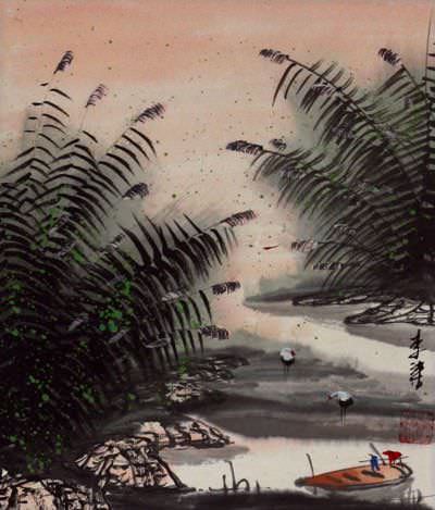 Cranes and Boat at the River Bank - Chinese Landscape Painting