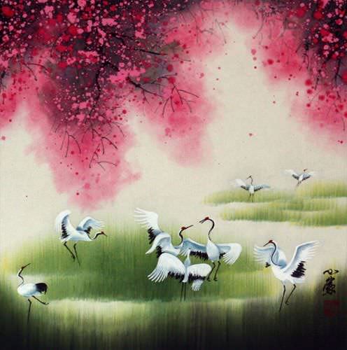 Four Seasons Cranes Watercolor Painting