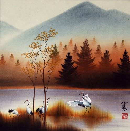 Crisp Autumn Cranes Landscape Painting