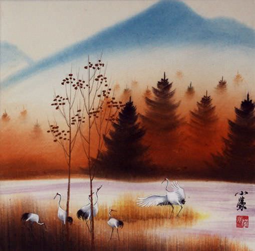 Crisp Autumn Cranes Landscape Painting